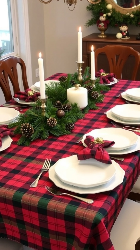 Tartan Christmas Table Settings Christmas table setting with tartan tablecloth, white dinnerware, and rustic centerpieces.
